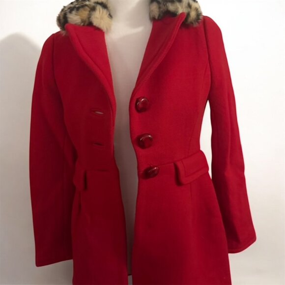 Gorgeous Kate Spade Red Wool Coat Faux Leopard Fur Collar Size 0 !!! - Picture 2 of 9